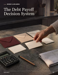 The Debt Payoff Decision System workbook cover showing hands organizing payment choices beside a calculator