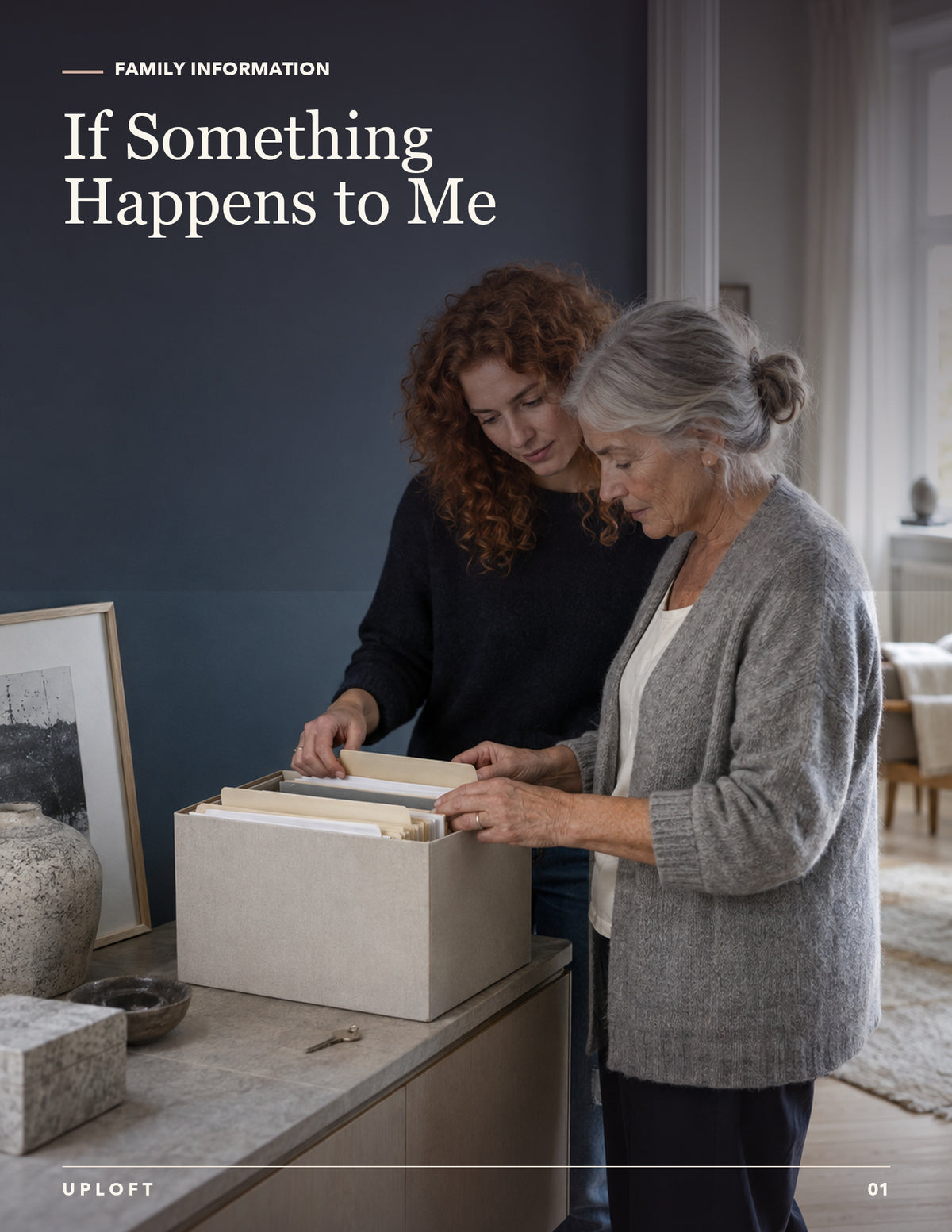 Family information organizer cover showing a multigenerational family talking together at home