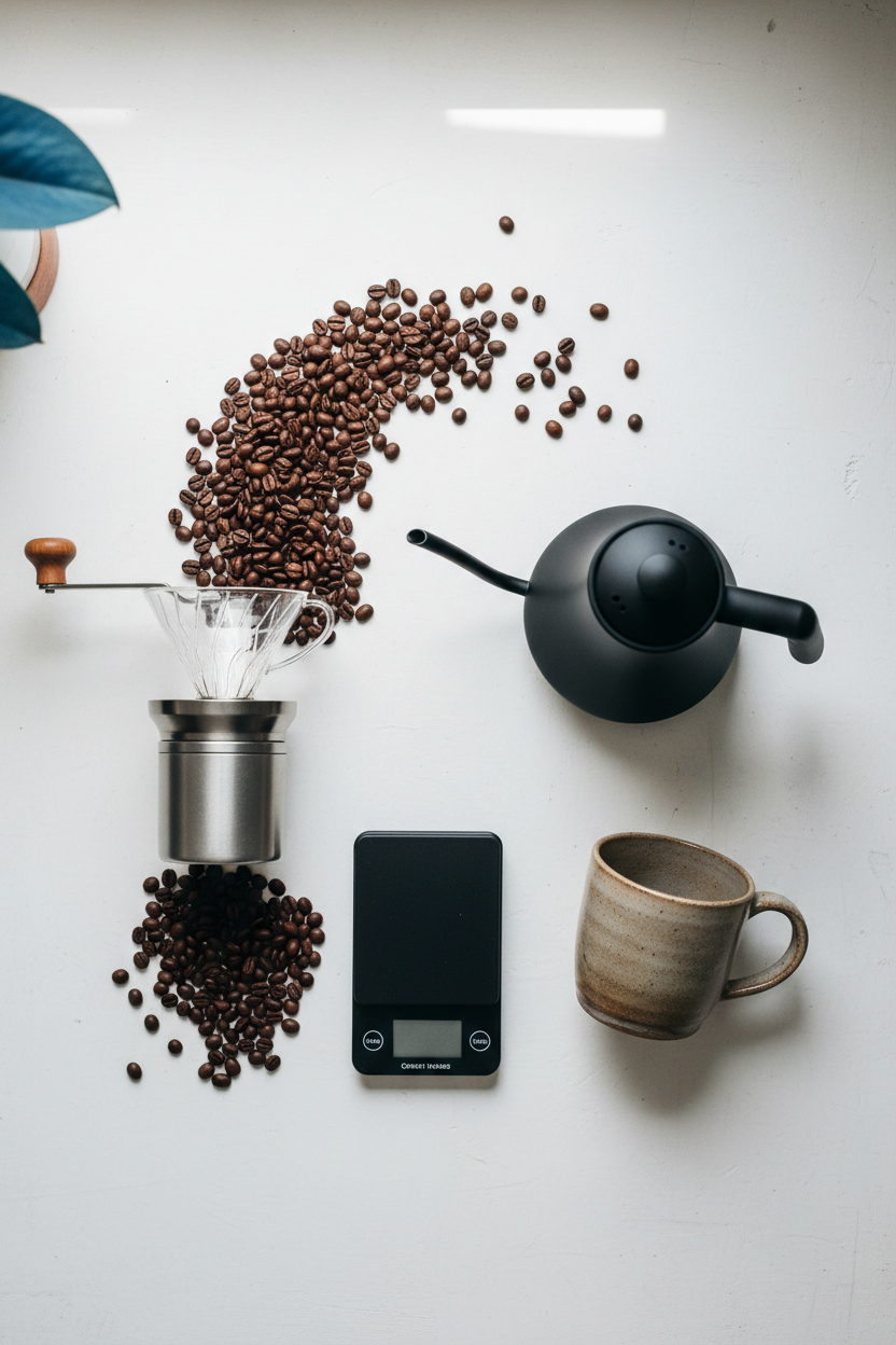 Coffee brewing tools flat lay