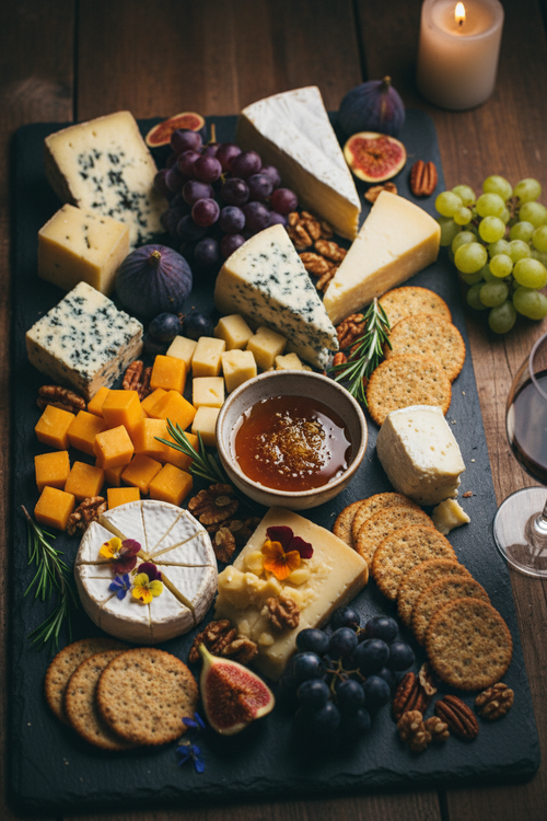 Stunning cheese board overhead shot