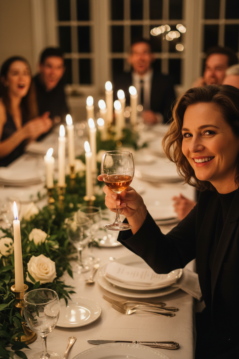 Host raising glass at dinner party