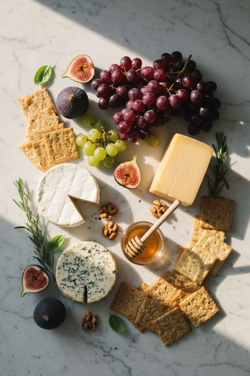 Cheese board ingredients flat lay