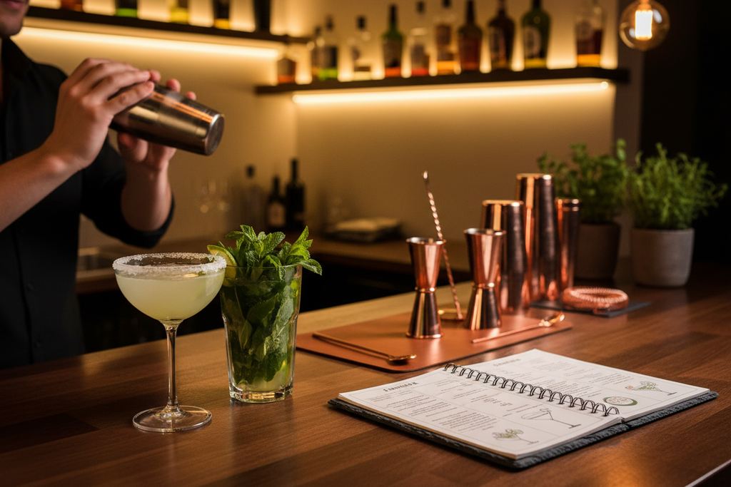 Home bartending scene with cocktails