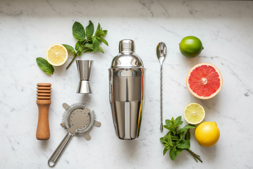 Essential bartending tools flat lay