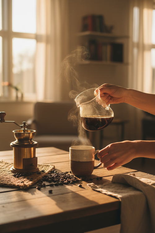 Morning home coffee brewing scene