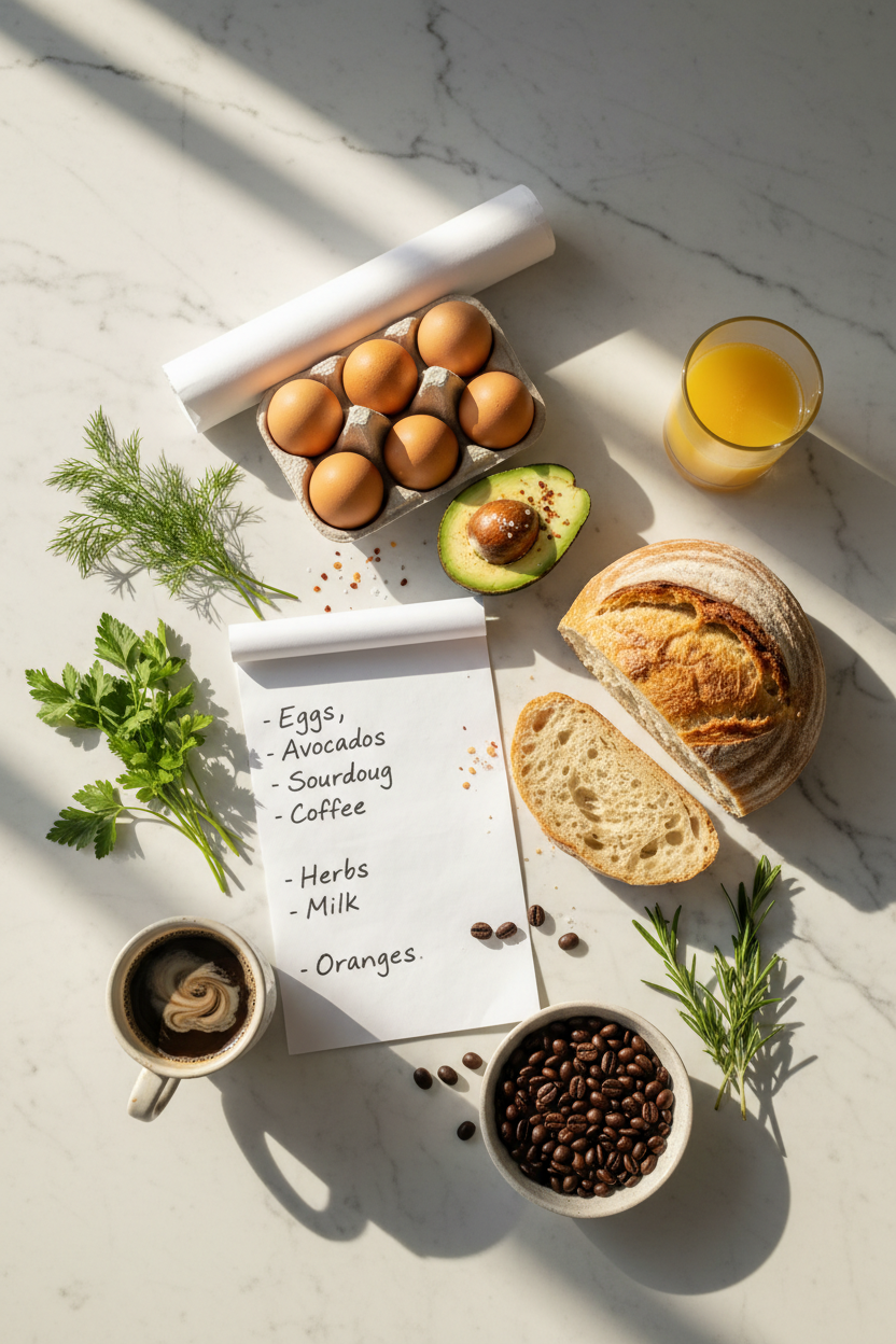 Brunch prep ingredients flat lay