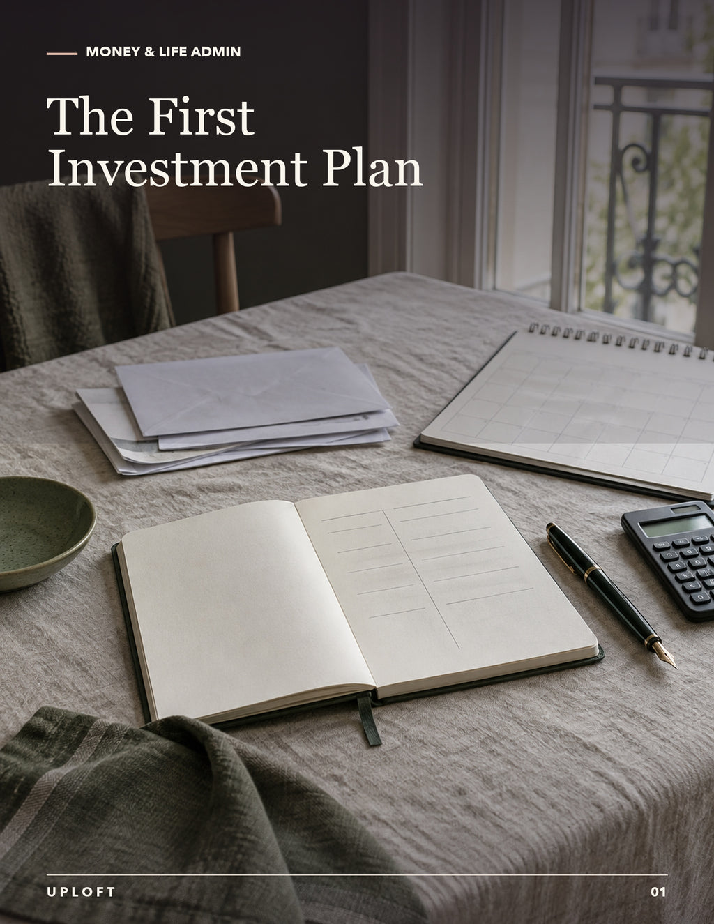 First Investment Plan workbook cover with an open planning journal, notes, pen, and calculator on a table