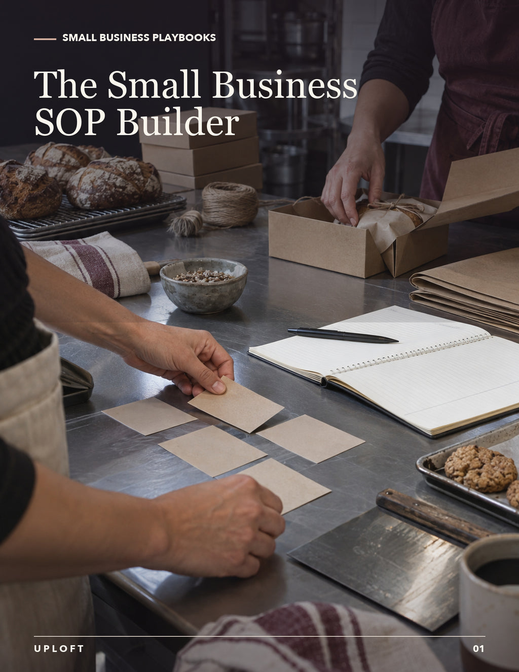 Small Business SOP Builder workbook cover showing a bakery team packing orders and mapping process steps at a worktable